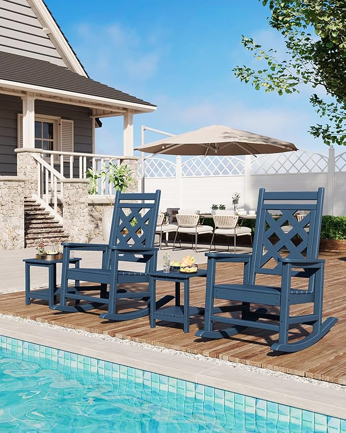 GarveeLife Outdoor Rocking Chair, HDPE Weather Resistant Patio Rocking Chair Porch Rocker with Wood Texture & 380 LBS Support for Deck, Pool, Backyard, Navy Blue