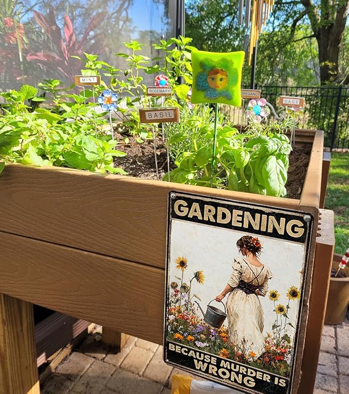 Funny Gardening Metal Sign 8x12 Inch - 'Gardening Because Murder is Wrong' - Rustic Farmhouse Decor for Garden, Home, Kitchen & Coffee Bar