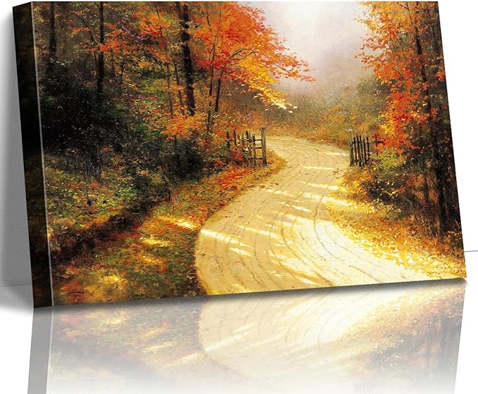 STUDIO HAVEN Thomas Kinkade Canvas Wall Art, Autumn Forest Path Golden Leaves Country Lane with Wooden Fence Oil Painting Poster Tranquil Fall Wall Decor, Framed Prints for Home Decor, 28x20Inch