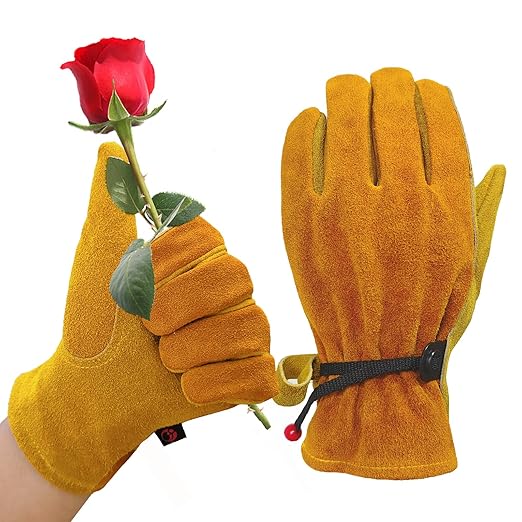 Leather Work Gloves for Men Women with Cotton Lining, Large Thorn Proof Cactus Gardening Yard Work Gloves for Rose Pruning, Heavy Duty TIG/MIG Welding, Construction, Large