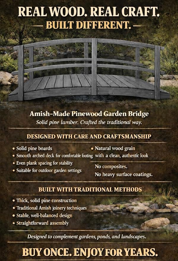 8 FT Grey Amish Made Garden Bridge with Double Rails for Walkway, Backyard Pond & Landscaping, Outdoor Wooden Footbridge for Koi Pond, Japanese Style Decorative Bridge, Made in USA