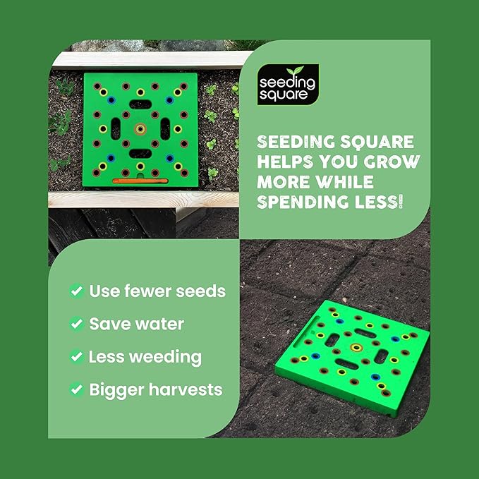 Seeding Square - Patented Seed and Seedling Spacer Tool for Bigger Harvests, Organized Plants & Fewer Weeds – Color-Coded Gardening Template with Dibber, Seed Spoon, Ruler & Planting Guide