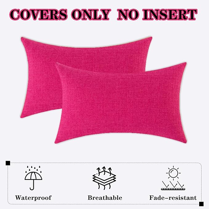 Kevin Textile Outdoor Waterproof Lumbar Pillow Covers 12x24 Inch Pack of 2 Checkered Decorative Rectangle Cushion Throw Pillowcases Shell for Patio Tent Garden Couch Bed Sofa Hot Pink