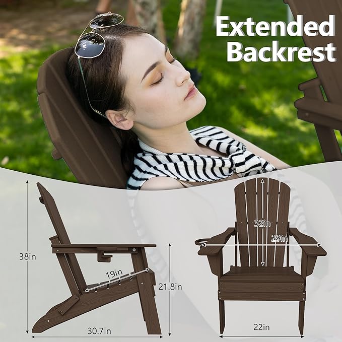 Plawdlik Folding Adirondack Chair Set of 6 with Cup Holder，Wooden Textured ，Heavy All-Weather HDPE Comfortable Set Poolside Backyard Lawn, Coffee