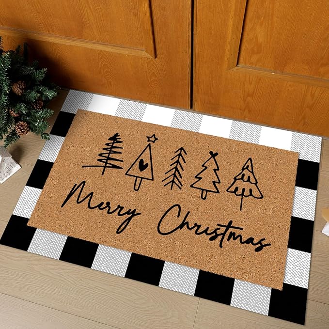 Tinideya 2 Pcs Merry Christmas Door Mat Xmas Tree Welcome Non Slip Coir Mats Heart Xmas Black White Buffalo Plaid Floor Layering Doormats Seasonal for Front Porch Entryway Decor(Christmas)
