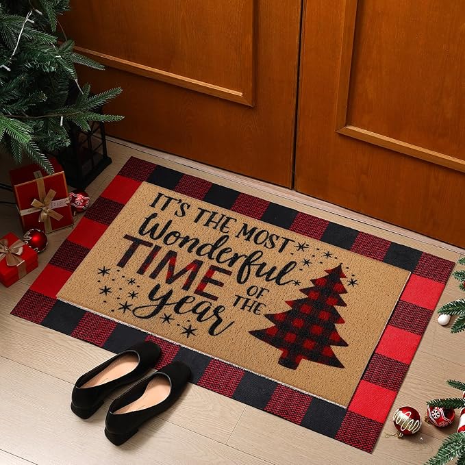 Tinideya 2 Pcs Christmas Tree Door Mat Welcome Non Slip Coir Mats Merry Xmas Black Red Buffalo Plaid Floor Layering Doormats Seasonal for Front Porch Entryway Decor(Christmas Tree)