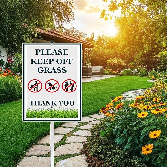 Keep Off Grass Sign for Yard Rustproof Reflective Aluminum Stay Off Grass Keep Dogs Off Lawn Signs With Stakes Stand No Littering Sign Outdoor Decor 8x12 In