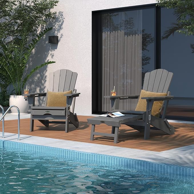Folding Adjustable Adirondack Chairs with Ottoman & 1 Cup Holders Set of 2, HDEP Multifunctional Adirondack Chair with Footrest,Grey