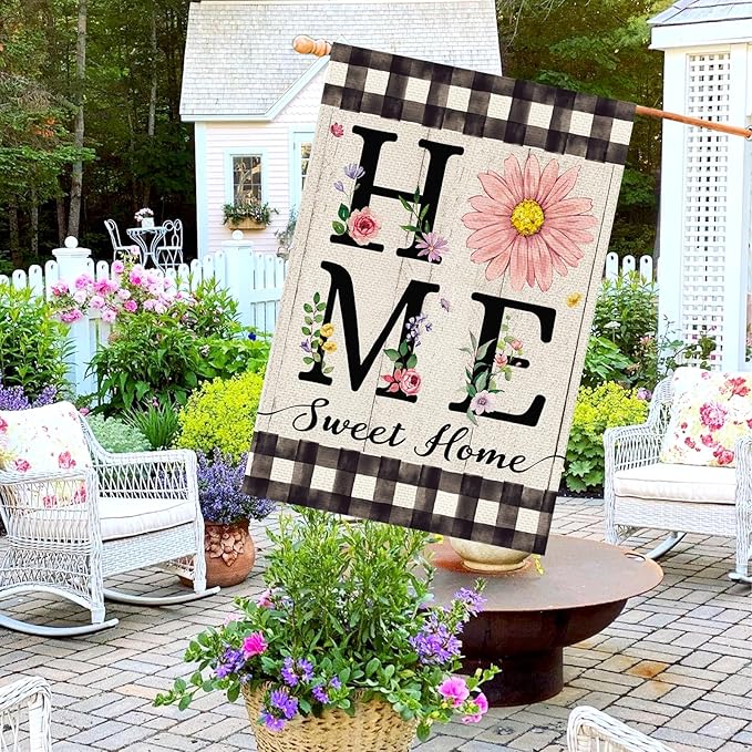 ORTIGIA Spring Summer Daisy House Flag Burlap Double Sided Home Sweet Home Floral Flower Large House Flag Farmhouse Buffalo Plaid Yard Lawn Patio Outdoor Outside 28x40 Inch