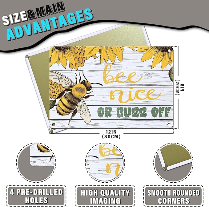Bee Nice or Buzz Off Decor Sign Vintage Metal Tin Sign Country Farmhouse Decor Home Decor Rustic Farmhouse Decorations for The Home 12x16inch
