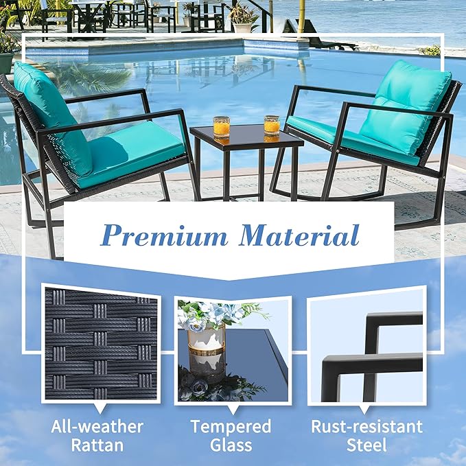 Flamaker Patio Chairs 3 Piece Wicker Rocking Chair Outdoor Bistro Sets with Coffee Table and Cushions Metal Frame Patio Furniture for Porch, Balcony, Lawn (Blue)