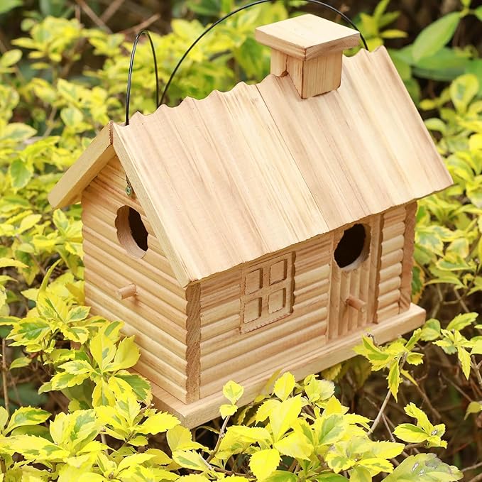 STARSWR Bird House Outside,Outdoor Bird Houses, Natural Wooden Bird Hut Clearance 2 Hole Bluebird Finch Cardinals 2 Rooms Hanging Birdhouse for Garden Viewing