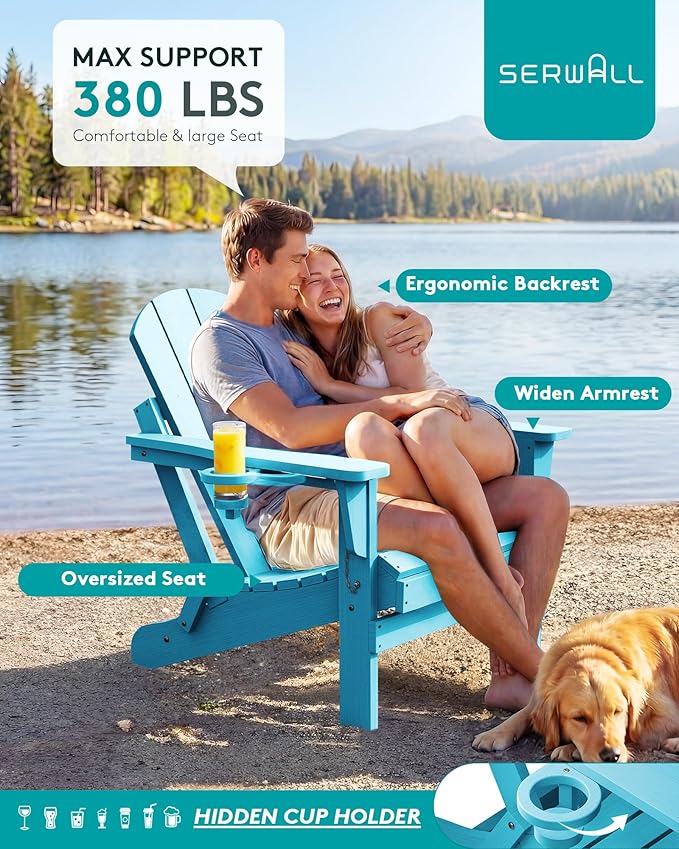 SERWALL Folding Adirondack Chair Weather Resistant Patio Chair Outdoor Chairs Set of 8 Painted Adirondack Chairs - Light Blue