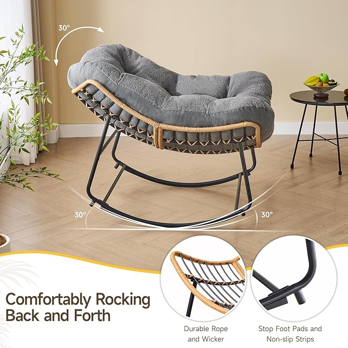 ONBRILL Outdoor Rocking Chairs, Oversized Papasan Rocking Chair Indoors with Padded Cushions, Rattan Wicker Lounge Chair for Living Room, Porch, Patio, Garden, Grey