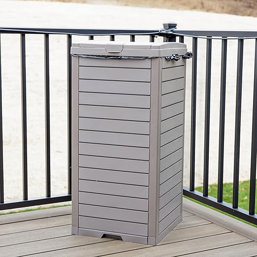 Sunnydaze 39-Gallon Patio Trash Can with Lid - Outdoor Garbage Can with Built-in Drip Tray - Weather-Resistant Resin - Light Gray