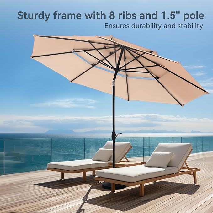 PHI VILLA 5 Pieces Outdoor Dining Set with Umbrella for 4, 37" Square Metal Steel Table & Stacking Wrought Iron Chairs & 3-Tier Beige Umbrella, Outside Furniture Set for Patio, Deck, Porch, Backyard