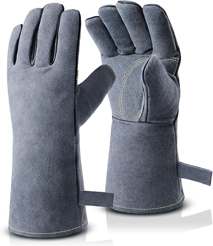 OZERO Welding Gloves for Men, 14-Inch Cowhide Leather Heat Resistant Work Gloves, EN388 EN407 EN12477 Type A Certified, Reinforced Palm, Insulated Lining, Long Cuff for BBQ Grill Oven, Black-gray