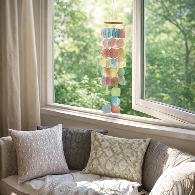 Solange & Frances Rainbow Capiz Shell Wind Chimes for Outside - Sea Glass Decor Windchimes, Gift Ideas for Mom, Gifts for Women, Unique Valentines Day Gifts and Gift for Men
