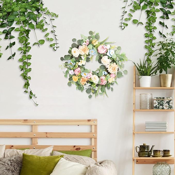 Honnesserry Spring Wreath for Front Door, Large Door Wreath for Home Decoration, 24IN Farmhouse Summer Eucalyptus Wreaths for Decor