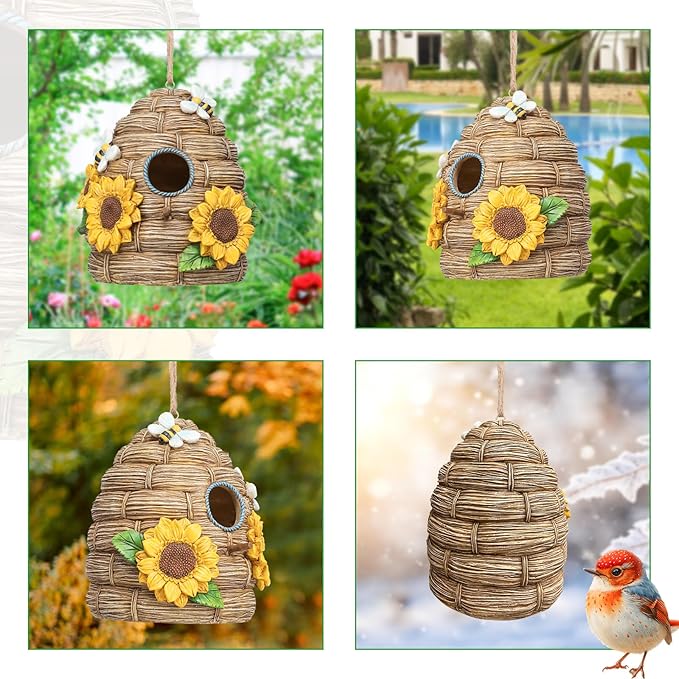 Resin Bird House for Outside, Birdhouses for Outdoors Bird Nesting, Decorative Bird Houses for Yard Garden Decor, Water Proof (Sunflower Thatch)