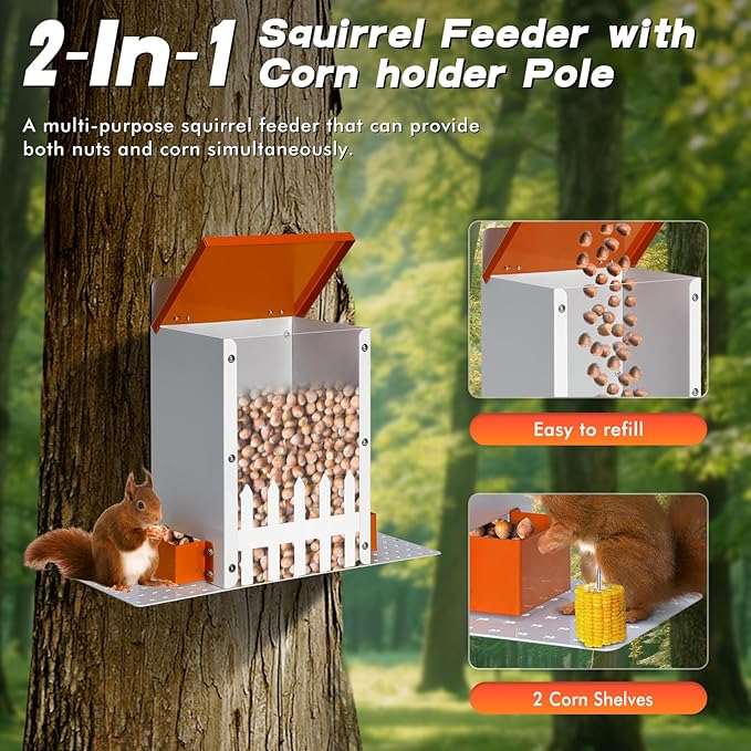 Metal Squirrel Feeders for Outdoors Squirrel Picnic Table Bench Feeders for Hanging Outside Tree Funny House Box Corn Peanuts Nuts Bar for Mini Chipmunk (Orange)