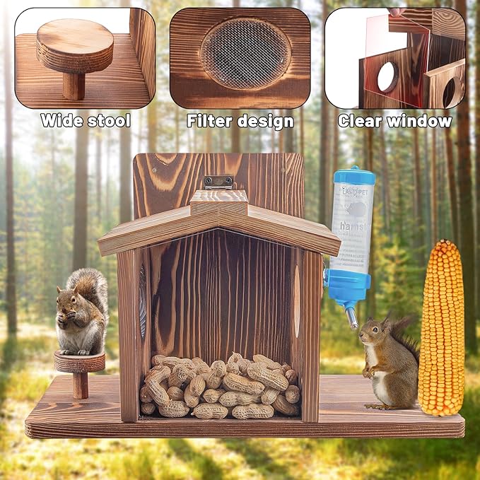 Squirrel Feeder for Outside, Squirrel Picnic Table Feeder for Corn Cob, Peanut and Nuts, Hanging Chipmunk House Box for Outdoors with Window and Squirrel Water Feeder