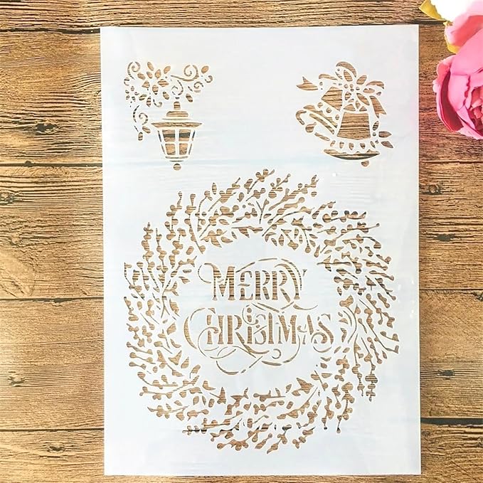 TIAMECH A4 Reusable Merry Christmas Stencil for Painting - Garland Jingle Bell Layering Template, DIY Wall Art, Wood Furniture, Scrapbook & Crafts (8.3x11.7inch)