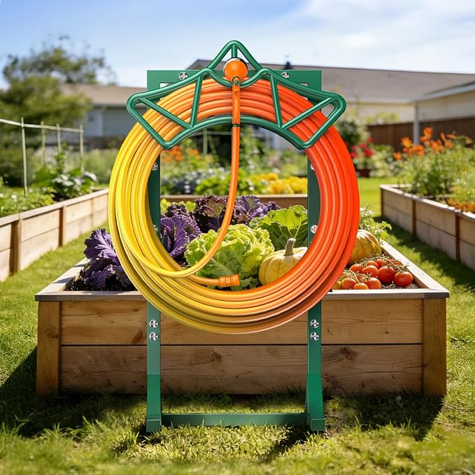 Garden Hose Holder with 2 Tool Hooks, Heavy-Duty Freestanding Hose Holder Holds 160Ft Hoses, Rustproof Freestanding Hose Stand with 4 Spikes Water Hose Hanger Storage Reel Rack for Outside, Yard, Lawn