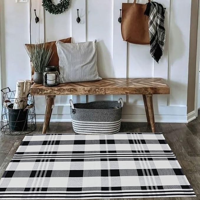 Fall Décor Plaid Rug, 2'4" x 3'7" Black&White Check Indoor/Outdoor Area Rug, Layering Rug for Hello/Welcome Doormat, Machine Washable Cotton Woven Rugs for Farmhouse Front Porch,Entryway