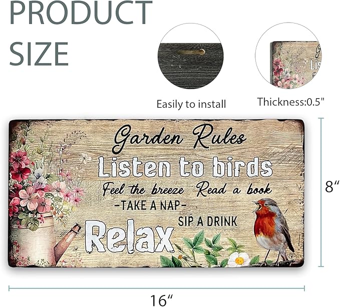 Vintage Garden Decor - Outdoor Wooden Gardening Sign - Funny Rules Listen to Birds - 16'x8'