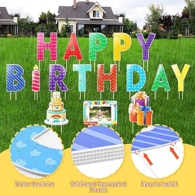 Remiawy Happy Birthday Yard Sign with Stakes - 16pcs Happy Birthday Yard Sign, Personalized Yard Birthday Signs Colorful Weatherproof Birthday Lawn Sign for Outdoor Yard Decorations Garden Party