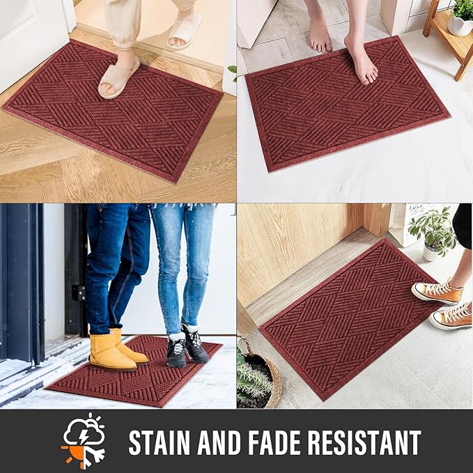 Sturdy Front Door Mat, Absorbent Muddy Dirt Resist Welcome Door Mats Outdoor Indoor, Stain and Fade Resistant, Non-Slip Rubber Backing Low Profile Doormat for Entryway, 30×17, Red