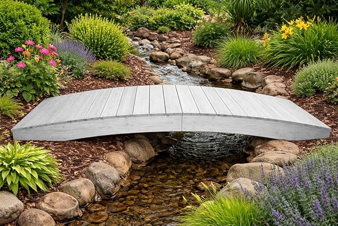 10 FT WHITE Amish Made Pinewood Heavy Duty Garden Bridge for Walkway, Backyard Pond & Landscaping, Outdoor Wooden Footbridge for Koi Pond, Japanese Style Decorative Bridge, Made in USA