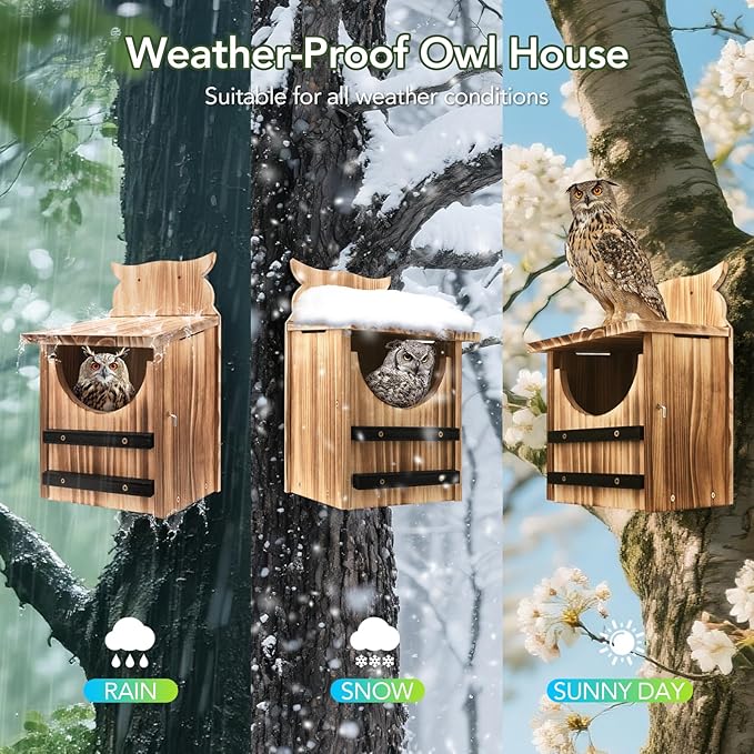 Owl House for Outdoors, Cedar Owl Nesting Box, Durable Carbonized Wood Shelter for Squirrels and Wildlife, Ideal Garden Décor