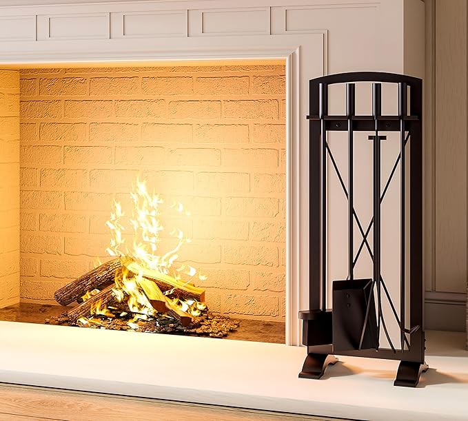 5 Pieces Wrouhgt Iron Fireplace Tools Set with Poker, Tongs, Shovel, Broom, Contemporary Design Fireplace Tools Set