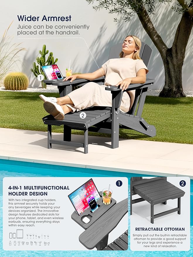 KINGYES Adjustable Folding Adirondack Chair with Footrest & 4-in-1 Multi-Functional Armrest Organizer, HDPE Recliner Adirondack Chair with Pull-Out Ottoman, Gray
