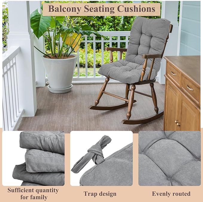 Juexica 4 Sets Outdoor Patio Chair Cushions Seat High Back Tufted Pillow Replacement Rocking Chair Cushions Pads for Patio Summer Seasonal Indoor Home Office(Gray)