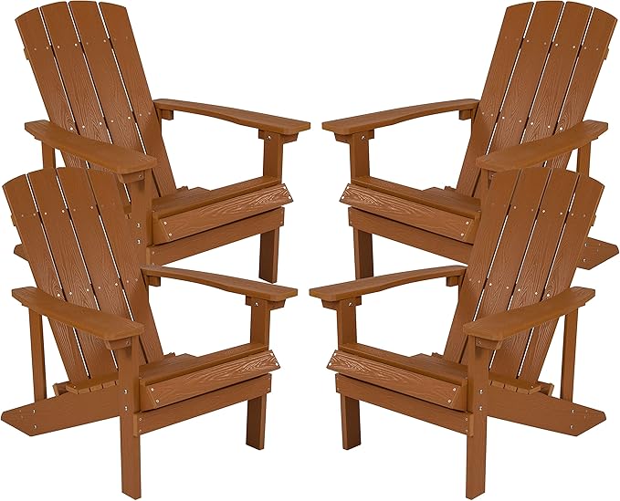 Flash Furniture Charlestown Poly Resin Adirondack Chair - Teak - All Weather - Indoor/Outdoor - Set of 4