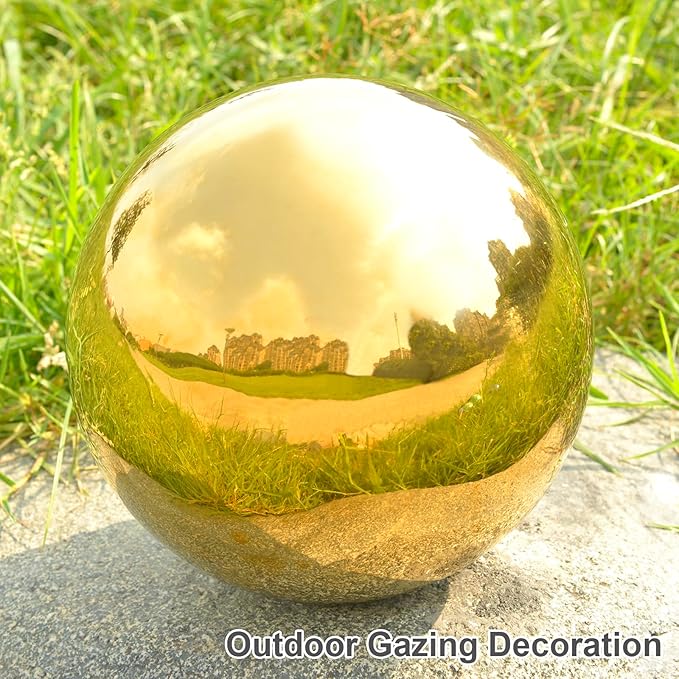 Nerien 12 Inch Gazing Ball, Stainless Steel Garden Mirror Globe, Polished Ornament Sphere, Hollow Floating Reflective Hemisphere, Home Outdoor Pond Housewarming Swimming Pool Decoration Gift, Gold