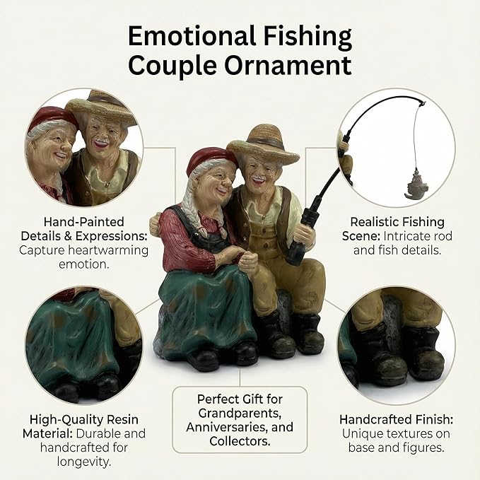 Romantic Older Couple Fishing Statue Outdoor Garden Koi Pond Decoration, Couple in Love Fisher Statues Figurine for Patio, Lawn & Yard Decor, Resin Garden Decoration, Elder Lover Fishing Sculpture