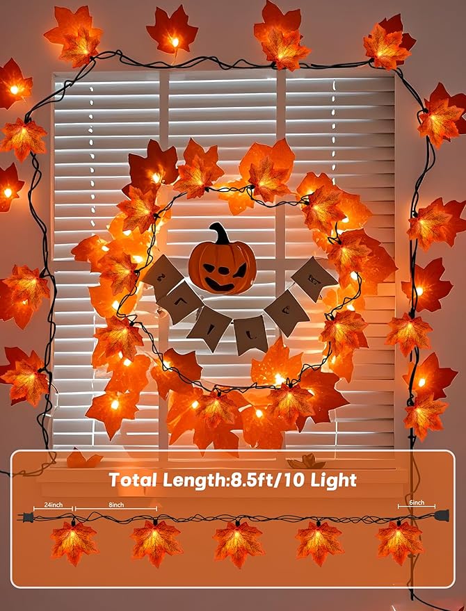 Thanksgiving Orange Maple Leaf Lights, 13.6FT Orange Fall Leaves String Lights, Waterproof Connectable Outdoor Patio String Lights for Indoor Home Outdoor Fall Decor Halloween Decorations