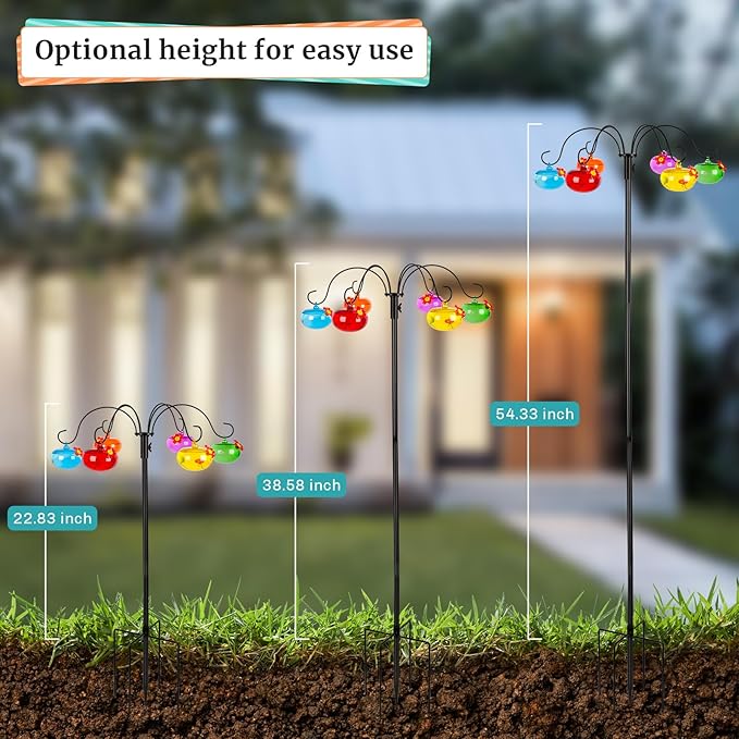 Liitrton Glass Hummingbird Feeders with Shepherds Hook for Outdoors Hanging 6 Hand-Blow Glass Hummingbird Feeder Balls, Adjustable Hight Bird Feeder Pole for Outside Garden Decor