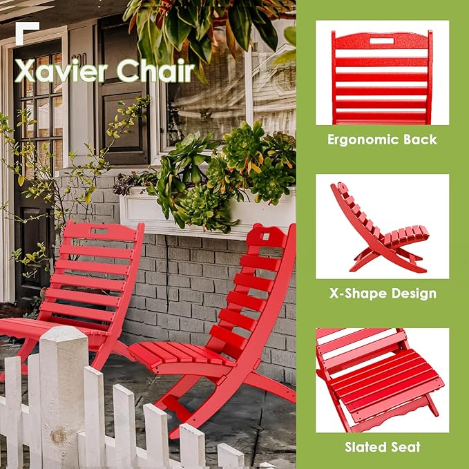 GREENVINES Folding Wave Chairs Set of 2 | Xavier | Portable Adirondack Chair | HDPE | All Weather | Red | for Fire Pit Beach Poolside Outdoor Deck Garden Patio Porch Fishing