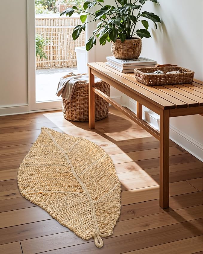 DEXI Jute Door Mat Inside Entryway Braided Woven, 20x32 Front Entrance Doormat Inside Leaf Shaped, Welcome Natural Fiber Entry Mats Farmhouse Home Decor, Beige