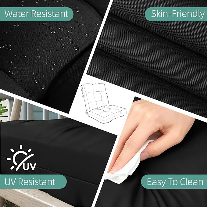 Outdoor Chair Cushions Set of 2, 42x21x4 Inch Patio Cushion for Dining/Rocking Chairs, High Back Soft Seat Pad with Ties, Indoor Outside Use, Fade-Resistant & Waterproof, Black