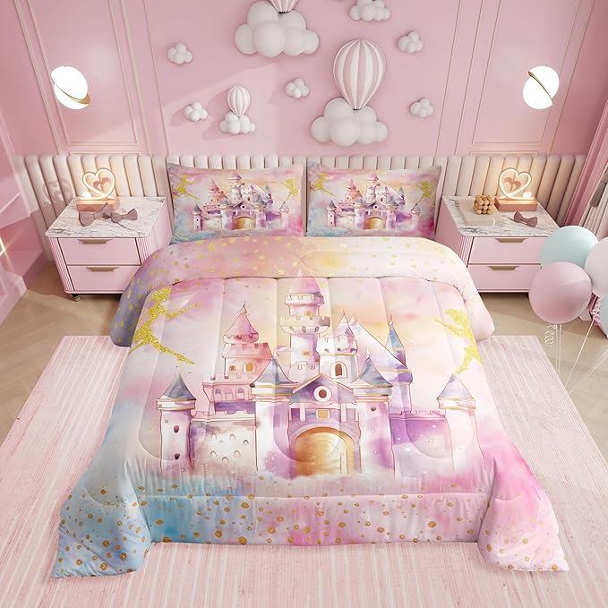 Erosebridal Princess Queen Bedding Set for Girls,Pink Castle Fairy Kids Comforter Sets,Dreamy Princess Quilt Bed Set,Rainbow Fairy Garden Comforter Reversible,Gifts for Women Girls Bedroom Decor