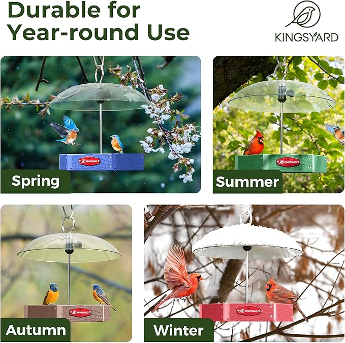 Kingsyard Large Platform Bird Feeder Outdoor Hanging, Adjustable Dome Squirrel Proof Rain Cover, Metal Mesh Tray Recycled Plastic Wild Bird Seed Feeding Station, Brown