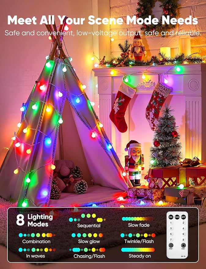 Minetom Multicolor Globe String Lights, 33 Feet 100 Led Fairy Lights Plug in, 8 Modes with Remote Mini Globe Lights for Indoor Outdoor Bedroom Party Wedding Garden Christmas Tree Decor, Multicolor