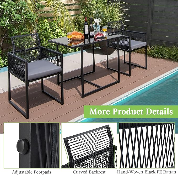 Tangkula 3 Pieces Outdoor Dining Set, Patio PE Rattan Furniture Set with Folding Backrest, Cozy Seat Cushions, Tempered Glass Tabletop, Space-Saving Rattan Chair Table Set for Backyard, Poolside