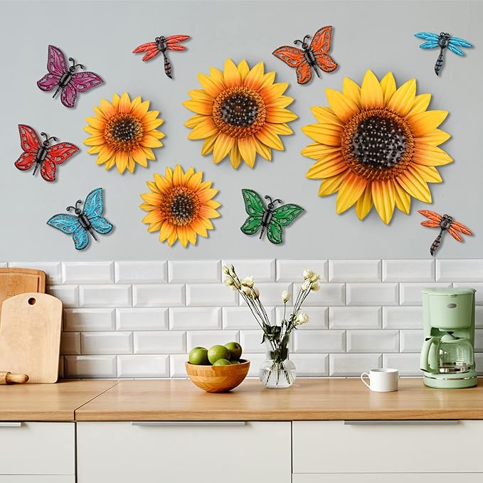 Sweetude 12 Pcs Metal Sunflower Wall Decor with Colorful Dragonfly and Butterfly Decor Flowers Wall Art Metal Yellow Summer Flowers Hanging for Garden Fence Patio Yard Outdoor Porch Home